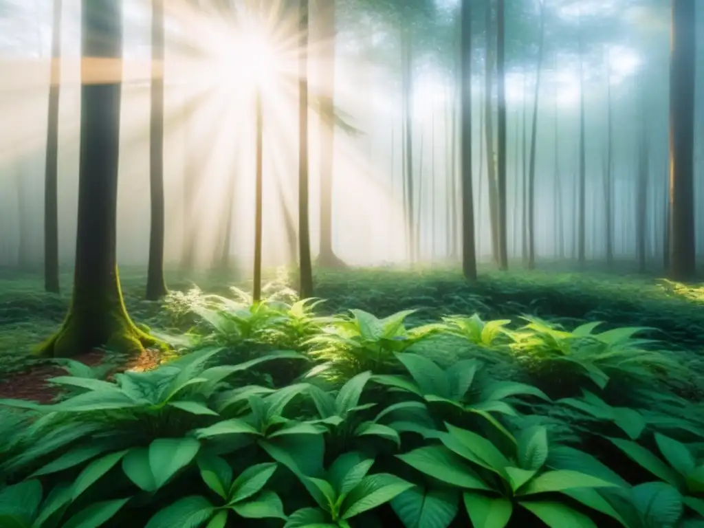 Un bosque verde exuberante iluminado por el sol, destacando la tranquilidad de la naturaleza