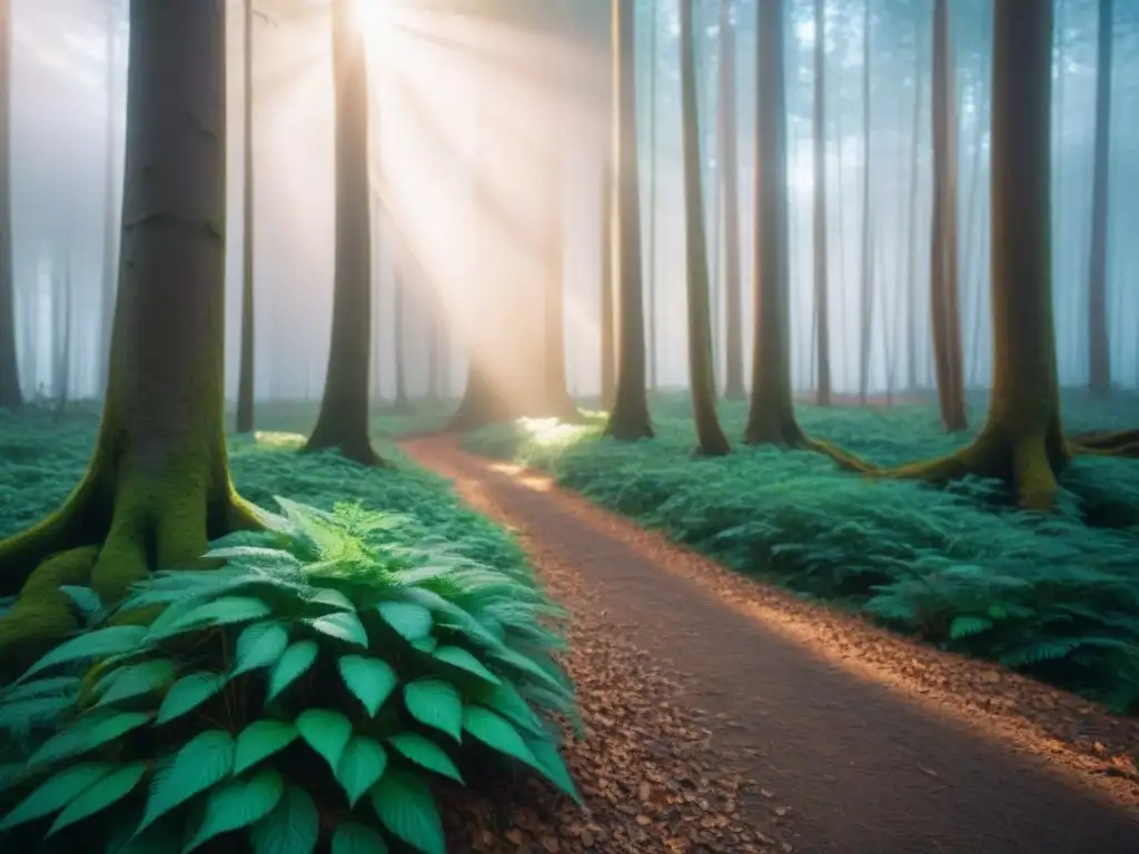 Un bosque verde exuberante iluminado por rayos de sol, transmitiendo paz y armonía con la naturaleza