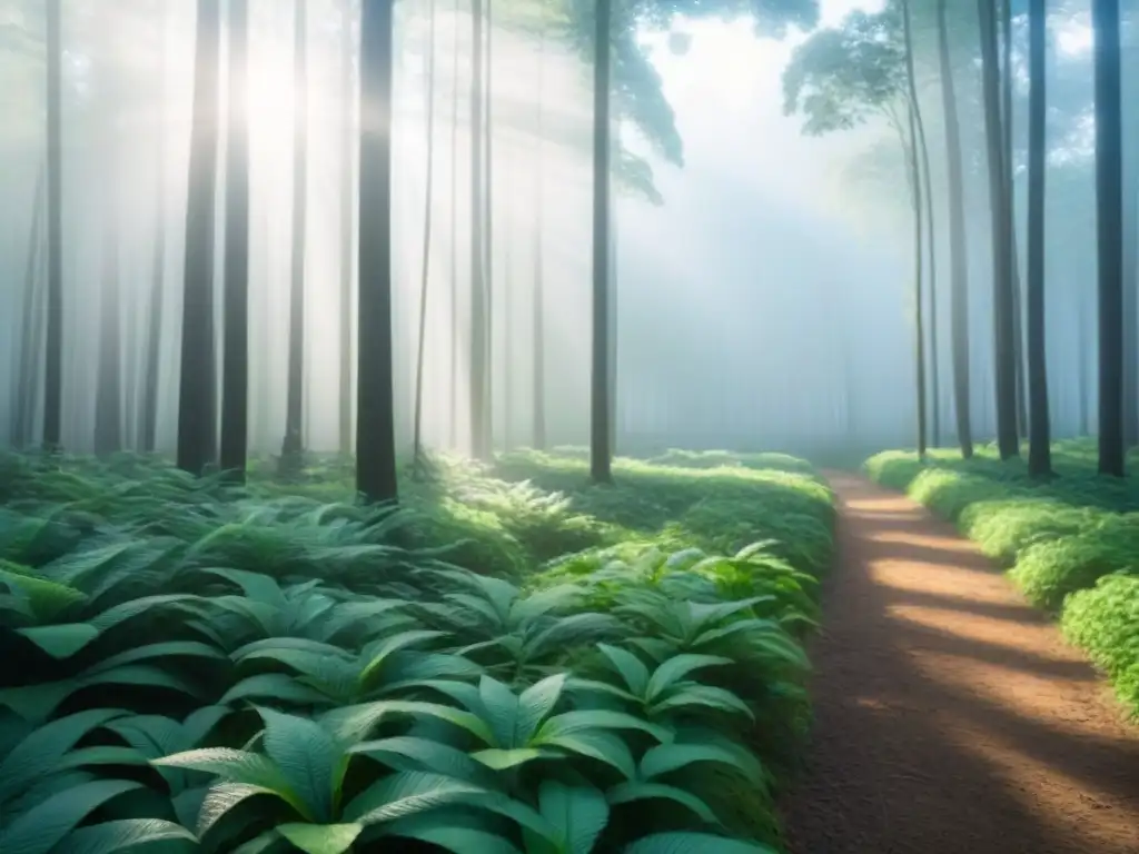 Un bosque verde exuberante iluminado por el sol, proyectando sombras en el suelo