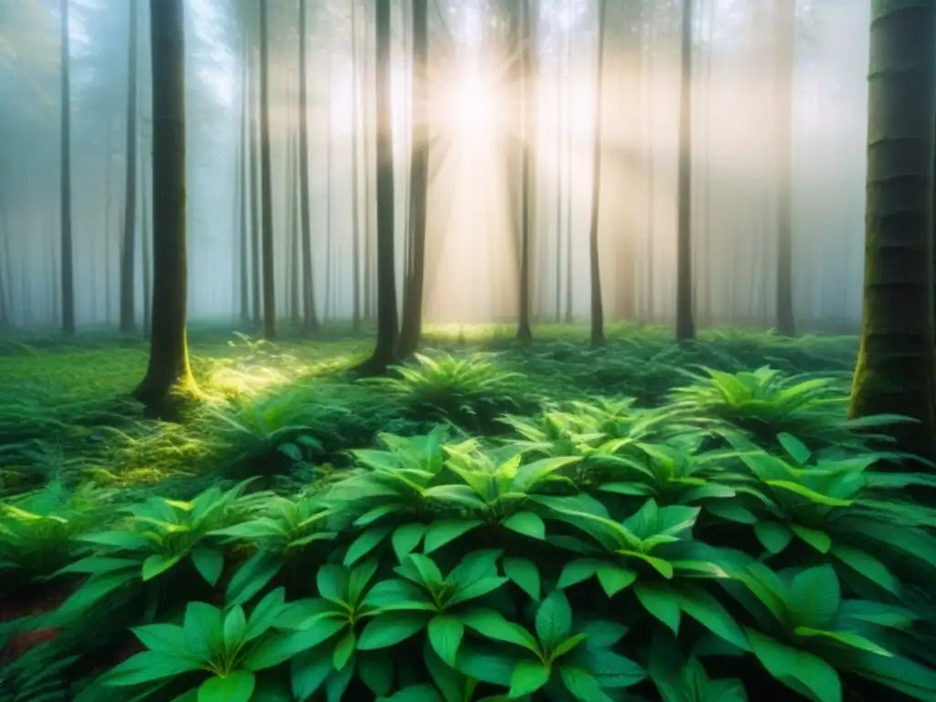 Un bosque verde exuberante iluminado por el sol, reflejando armonía, sostenibilidad y música en películas