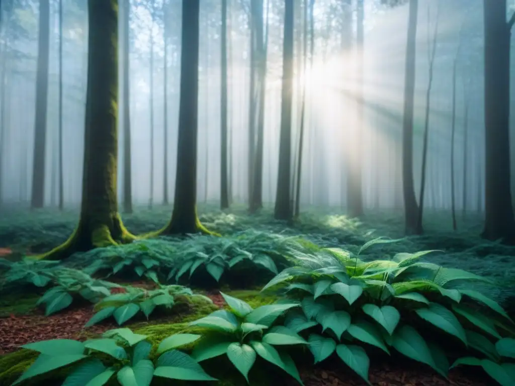 Un bosque verde exuberante iluminado por el sol, reflejando la belleza y serenidad de un estilo de vida sostenible