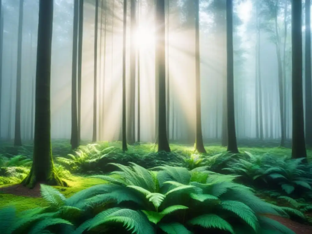 Un bosque verde exuberante iluminado por el sol, reflejando paz y armonía