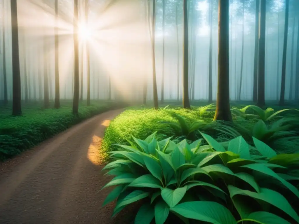 Un bosque verde exuberante, iluminado por el sol, transmite armonía y tranquilidad, ideal para educación ambiental arte sostenibilidad