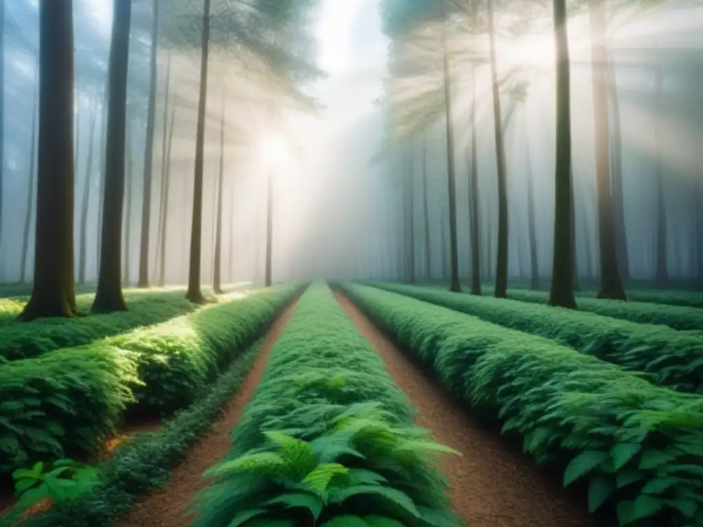 Un bosque verde exuberante iluminado por el sol, proyectando sombras en el suelo