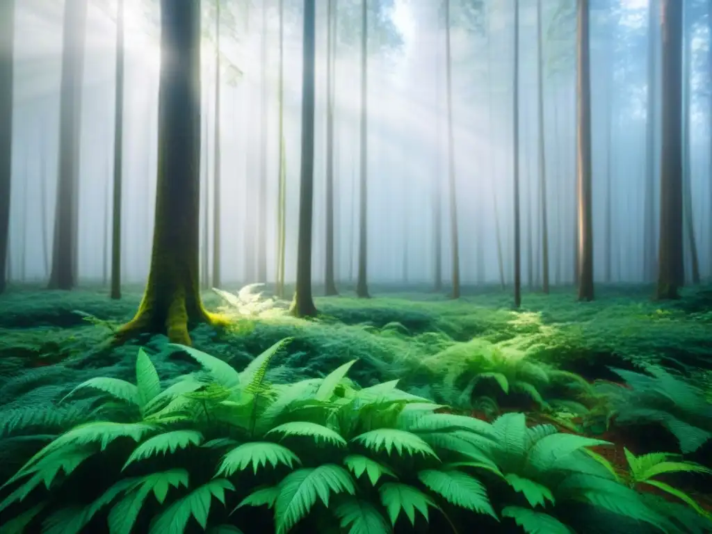 Un bosque verde exuberante iluminado por suaves rayos de sol, transmitiendo armonía y conciencia ambiental a través de la literatura