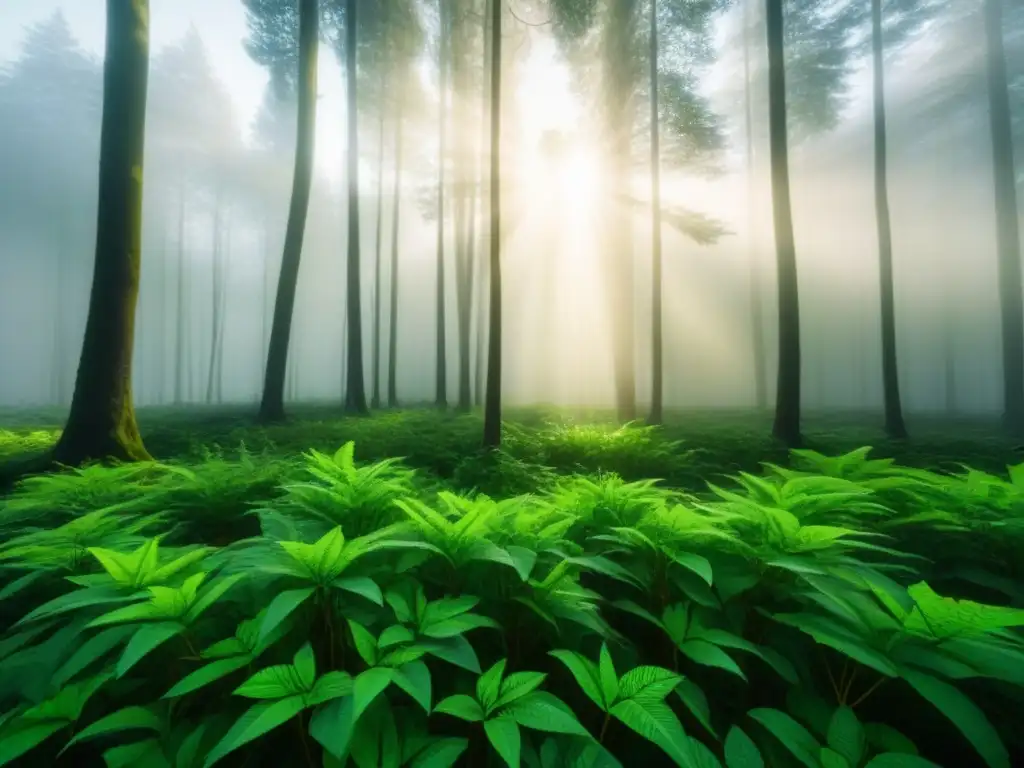 Un bosque verde exuberante iluminado por el sol, creando un ambiente pacífico y armonioso