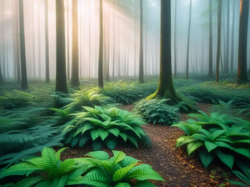 Un bosque verde exuberante iluminado por el sol, reflejando la importancia de la sostenibilidad