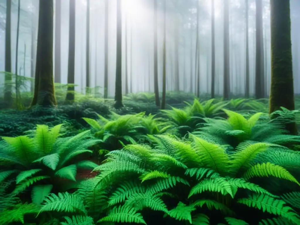 Un bosque verde exuberante iluminado por el sol, reflejando la biodiversidad y armonía de un ecosistema sostenible