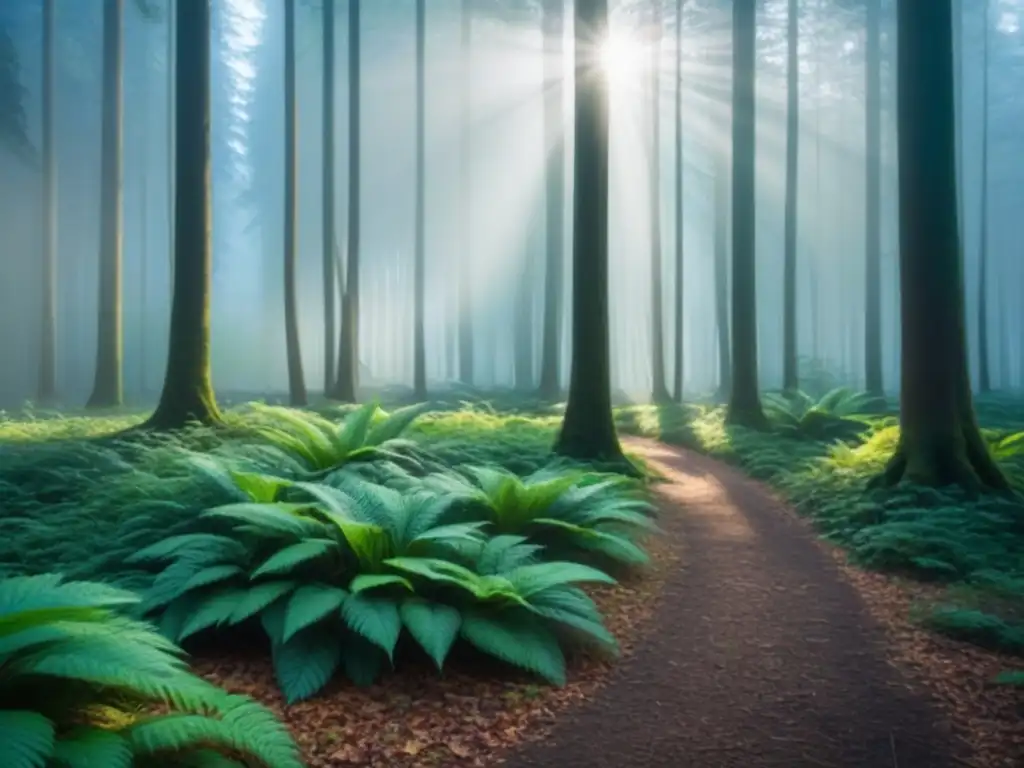 Un bosque verde exuberante iluminado por el sol, transmitiendo paz y armonía con la naturaleza