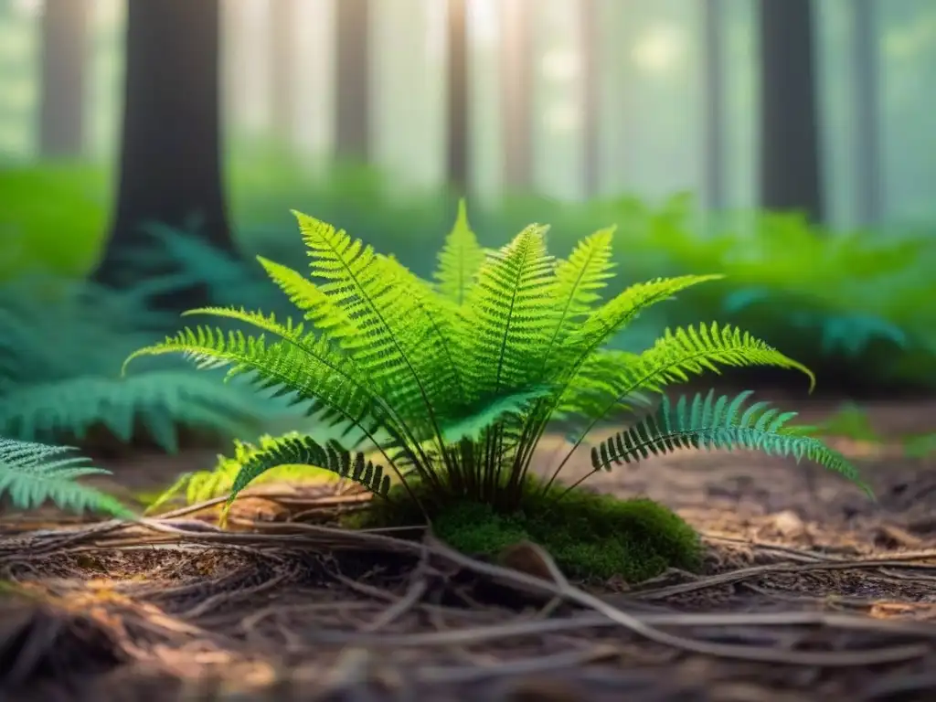 Un bosque verde exuberante iluminado por el sol, destacando un helecho delicado desplegando sus frondas