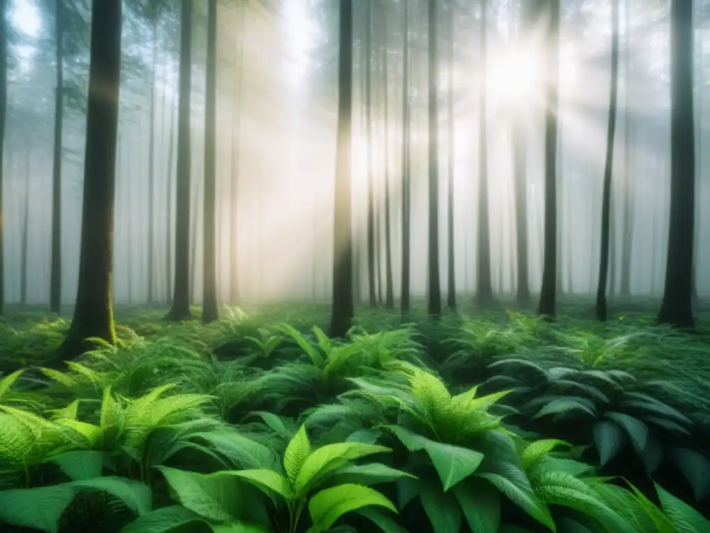 Un bosque verde exuberante iluminado por el sol, resaltando la belleza de la naturaleza y el estilo de vida zero waste