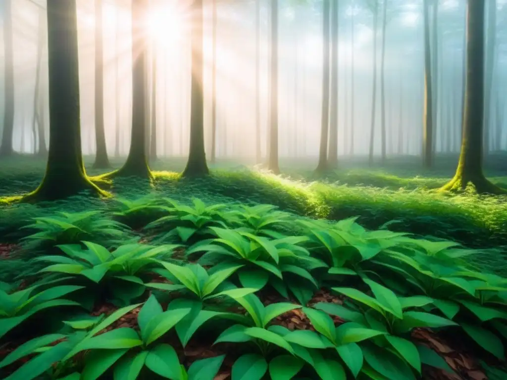 Un bosque verde exuberante iluminado por el sol, proyectando sombras suaves en el suelo