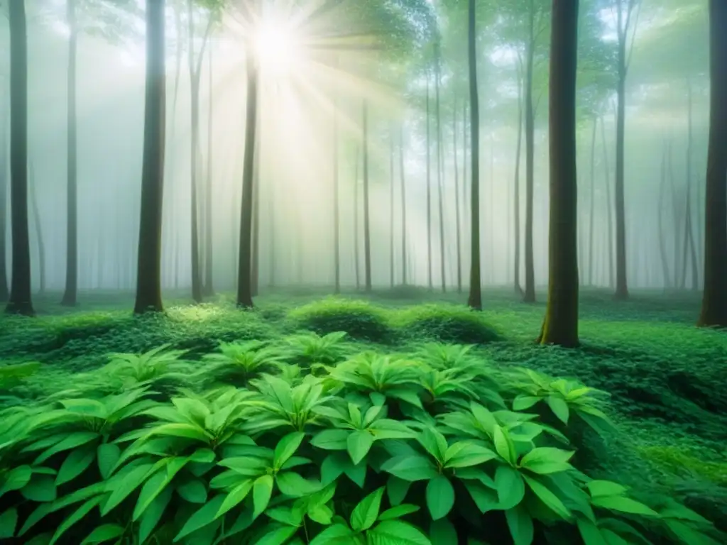 Un bosque verde exuberante iluminado por rayos de sol, transmite calma y belleza natural