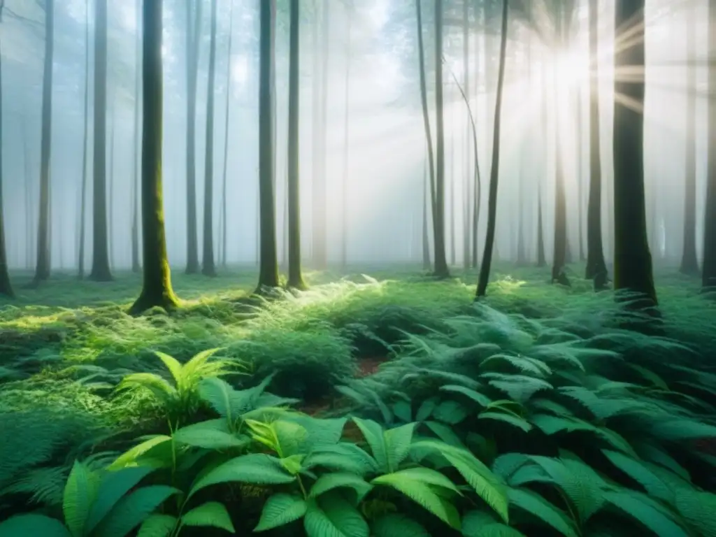 Un bosque verde exuberante iluminado por el sol, transmitiendo tranquilidad y belleza