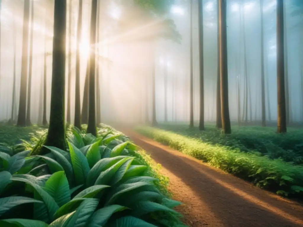 Un bosque verde exuberante iluminado por el sol, reflejando la importancia de la economía de materiales biodegradables sostenibles