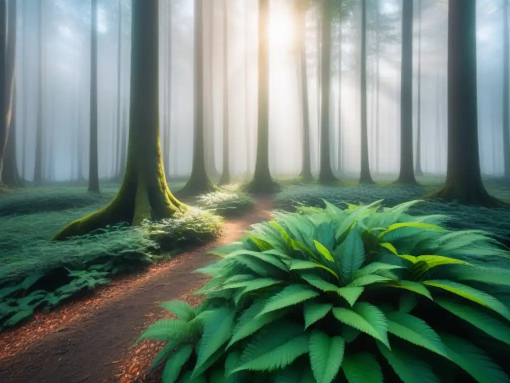 Un bosque verde exuberante iluminado por el sol, simbolizando el éxito sostenible de Unilever productos ecológicos