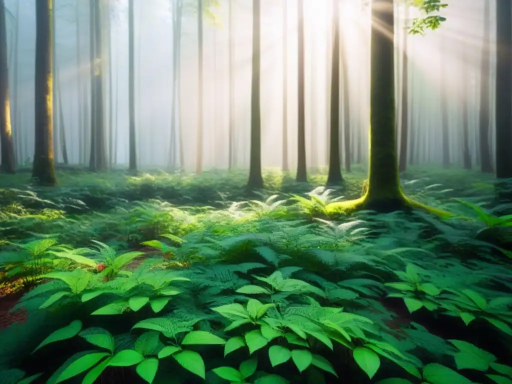 Un bosque verde exuberante iluminado por el sol, proyectando sombras en el suelo