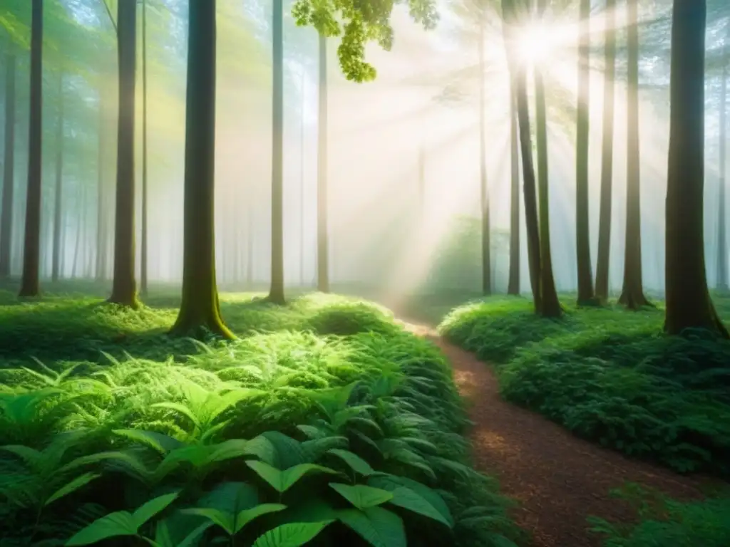 Un bosque verde exuberante iluminado por el sol, proyectando sombras en el suelo