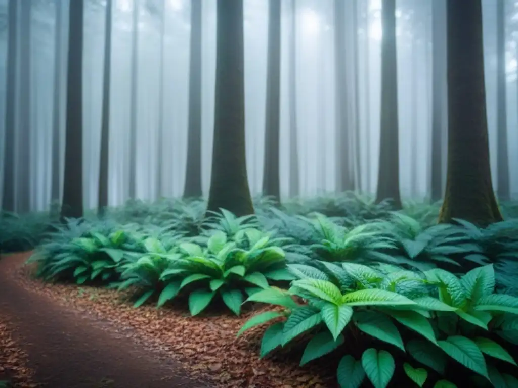 Un bosque verde exuberante iluminado por el sol, proyectando sombras suaves en el suelo