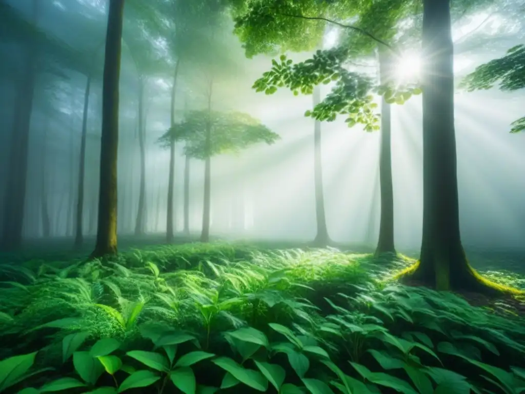 Bosque verde exuberante iluminado por el sol, patrones de hojas y sombras