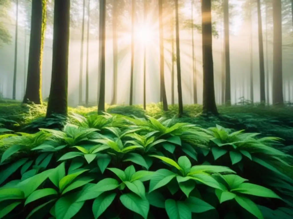 Un bosque verde exuberante iluminado por el sol, detallado y tranquilo