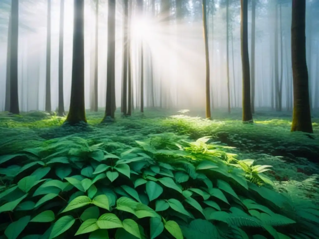 Un bosque verde exuberante iluminado por rayos de sol, proyectando sombras en el suelo