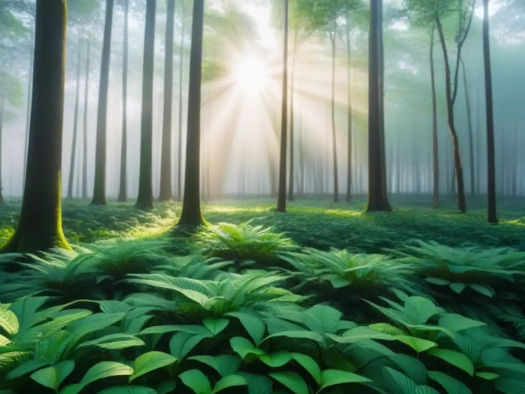 Bosque verde sereno: armonía natural y sustentabilidad Un bosque verde exuberante iluminado por el sol, proyectando sombras en el suelo