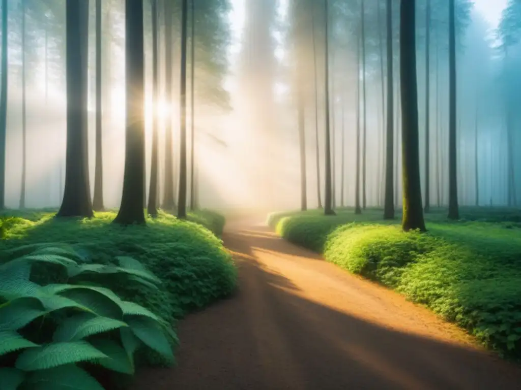 Un bosque verde exuberante iluminado por el sol, proyectando sombras en el suelo