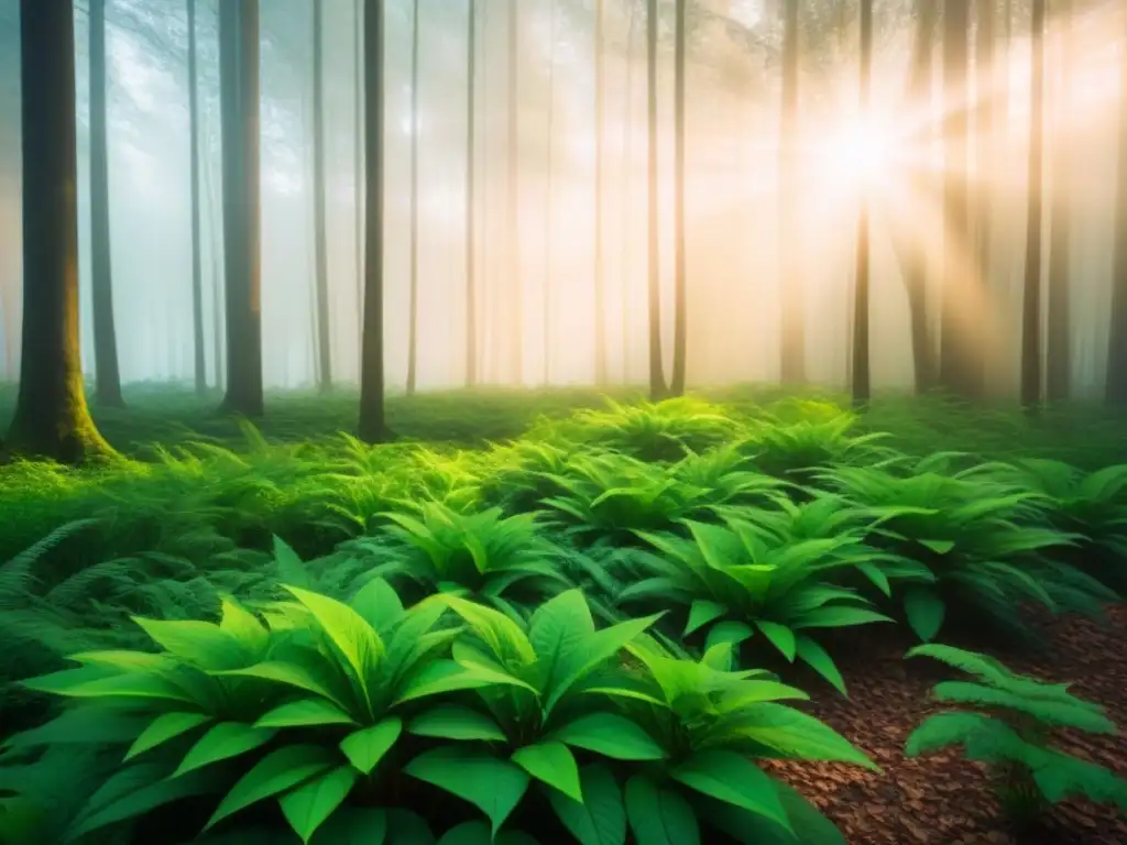 Un bosque verde exuberante iluminado por el sol, reflejando la armonía con la naturaleza y la sostenibilidad