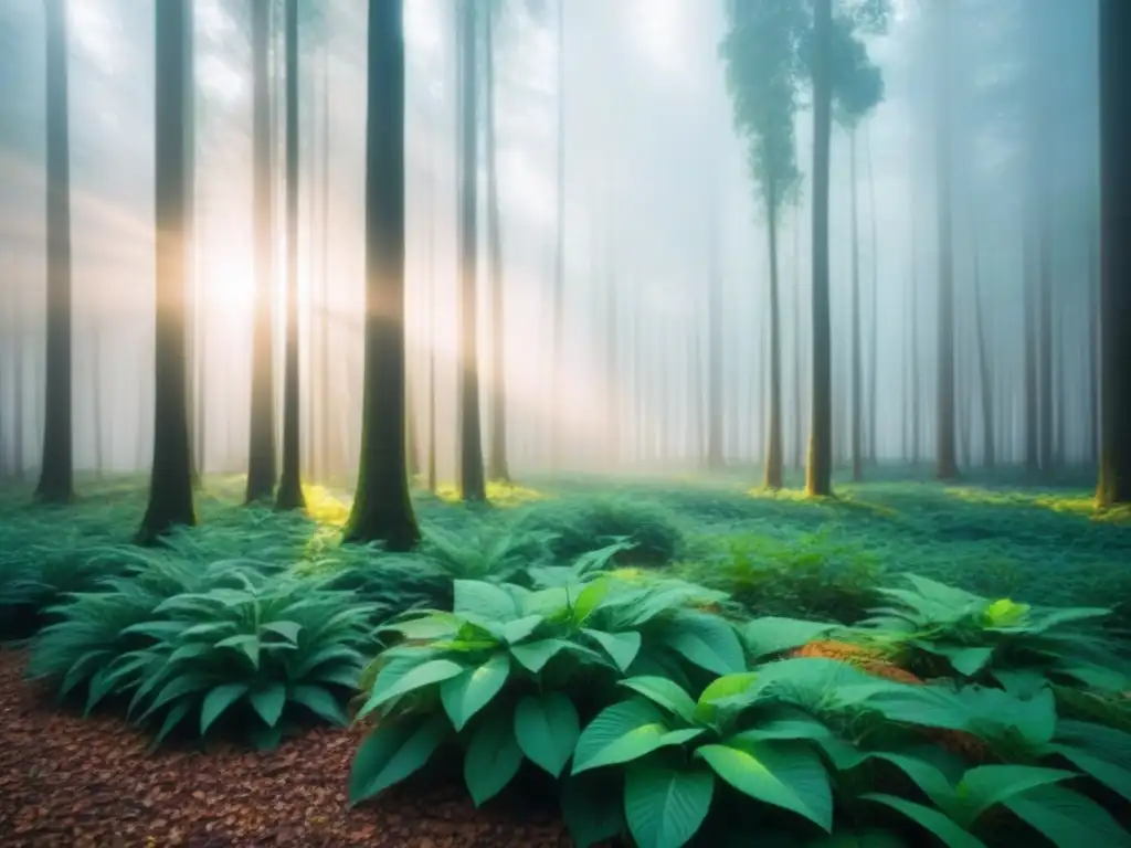 Bosque verde sereno: armonía natural y sostenible Bosque verde exuberante iluminado por el sol, proyectando sombras suaves en el suelo