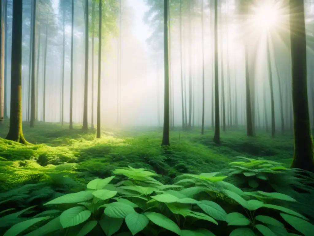 Un bosque verde exuberante iluminado por el sol, resaltando los beneficios de los bonos verdes sostenibles