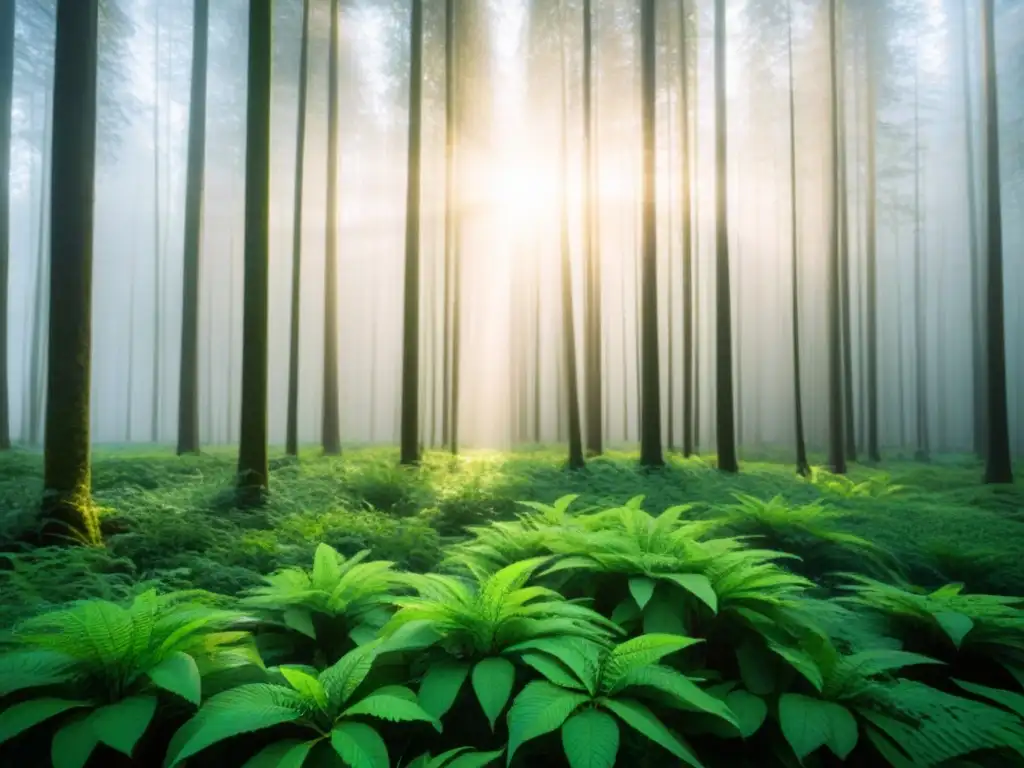 Un bosque verde exuberante iluminado por el sol, reflejando la idea de invertir en bonos verdes paso a paso