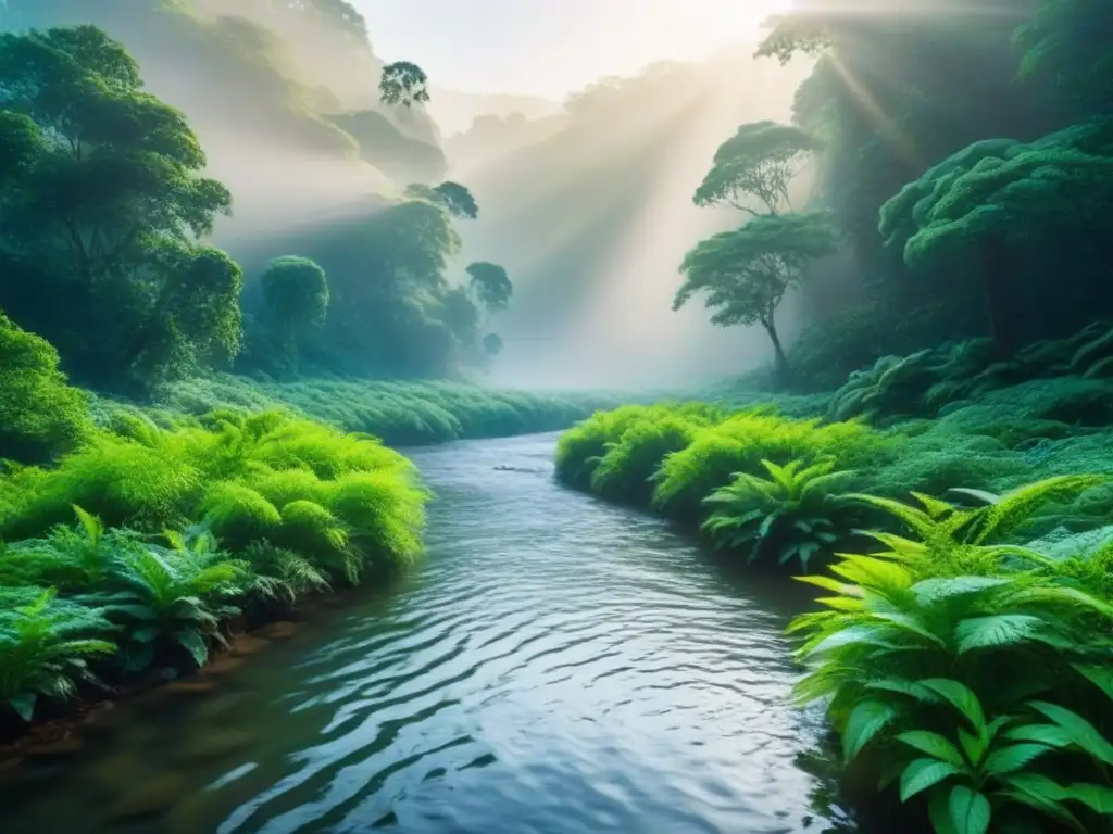 Un bosque verde exuberante iluminado por el sol, con plantas vibrantes y un arroyo sereno