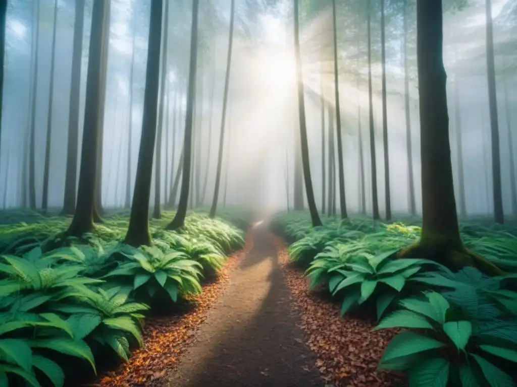 Un bosque verde exuberante iluminado por el sol, transmitiendo crecimiento y sostenibilidad