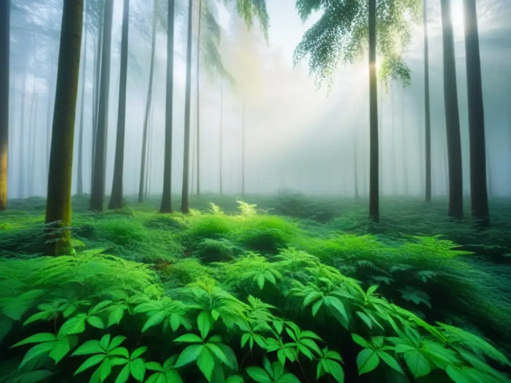 Un bosque verde exuberante iluminado por el sol, reflejando la esencia de las finanzas climáticas y el estilo de vida sostenible