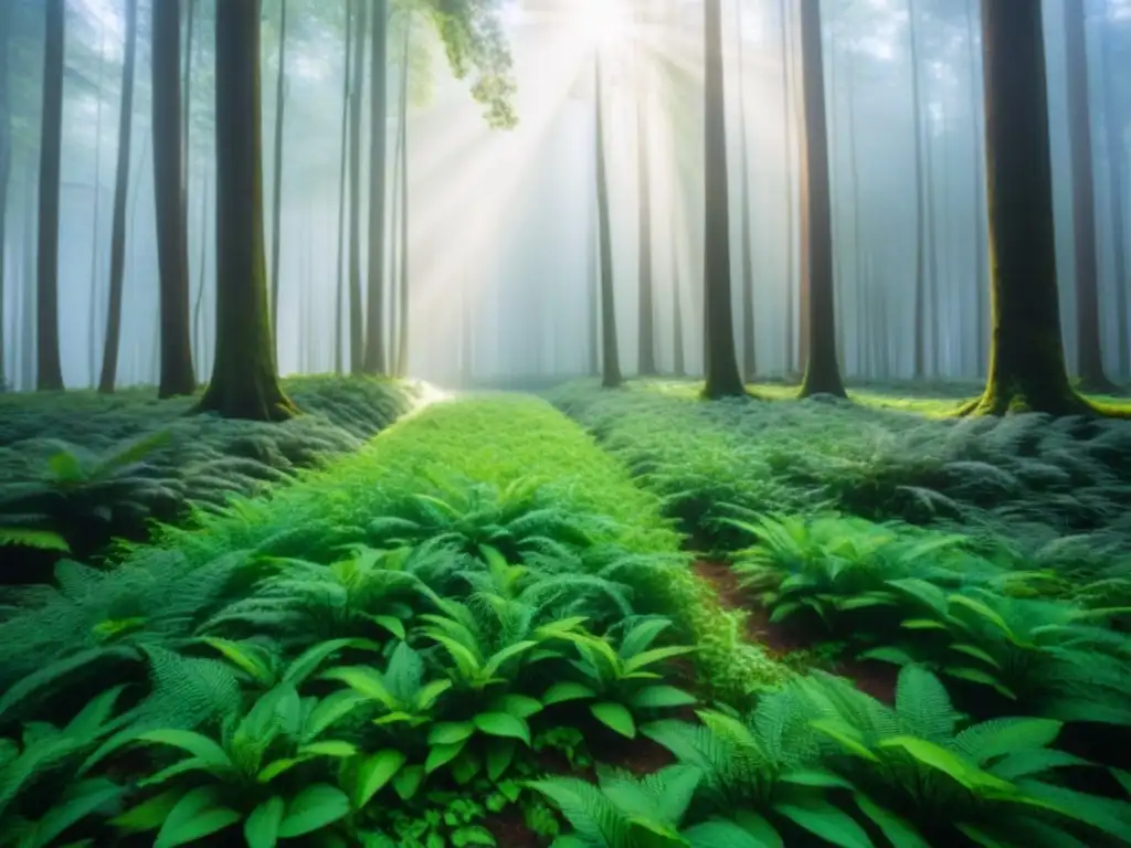 Un bosque verde exuberante iluminado por el sol, proyectando sombras suaves en el suelo