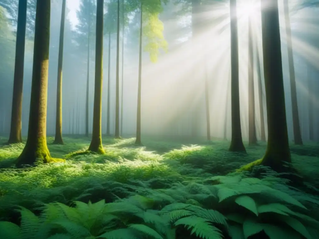 Un bosque verde exuberante iluminado por el sol, reflejando tranquilidad y armonía con la naturaleza, ideal para impacto blogs discurso ecológico