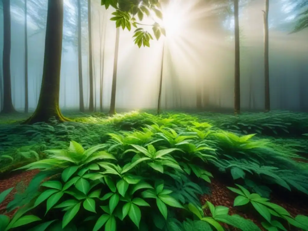 Un bosque verde exuberante iluminado por el sol, reflejando armonía y equilibrio en un entorno sostenible