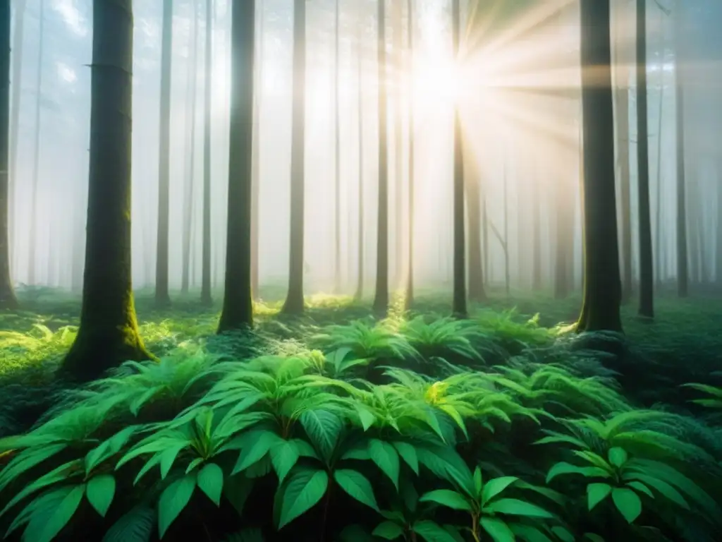 Un bosque verde exuberante iluminado por rayos de sol, transmitiendo serenidad y sostenibilidad