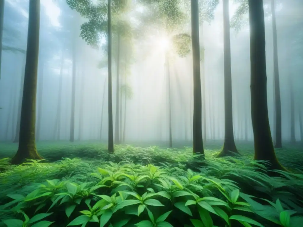 Bosque verde exuberante iluminado por el sol, resaltando la belleza natural y la inversión responsable en bonos verdes sostenibles