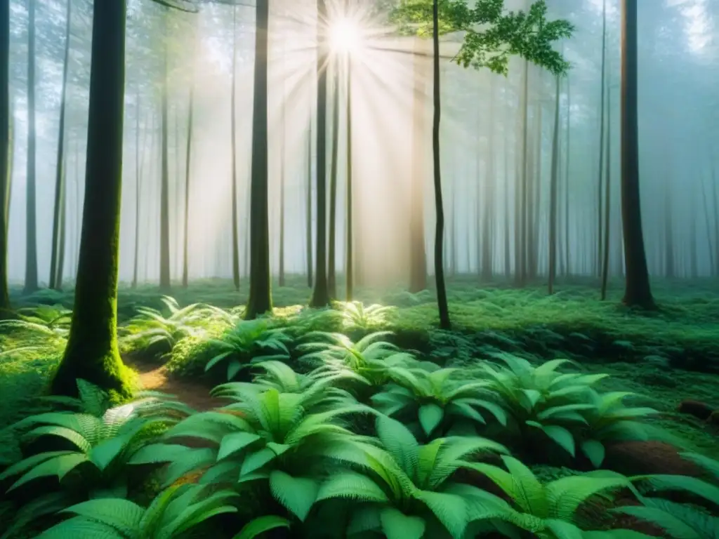 Un bosque verde exuberante iluminado por el sol, reflejando la tranquilidad y belleza natural de la inversión responsable bonos verdes sostenibles