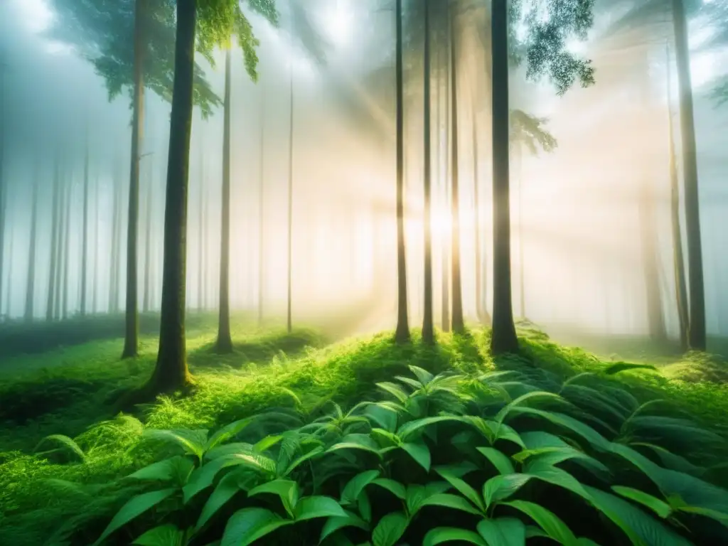 Un bosque verde exuberante iluminado por el sol, reflejando la importancia de los bonos verdes sostenibles