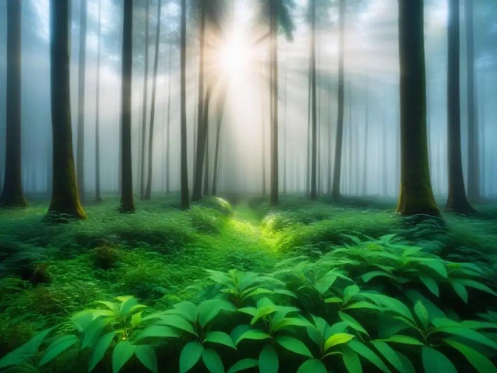 Un bosque verde exuberante iluminado por el sol, transmitiendo paz y belleza