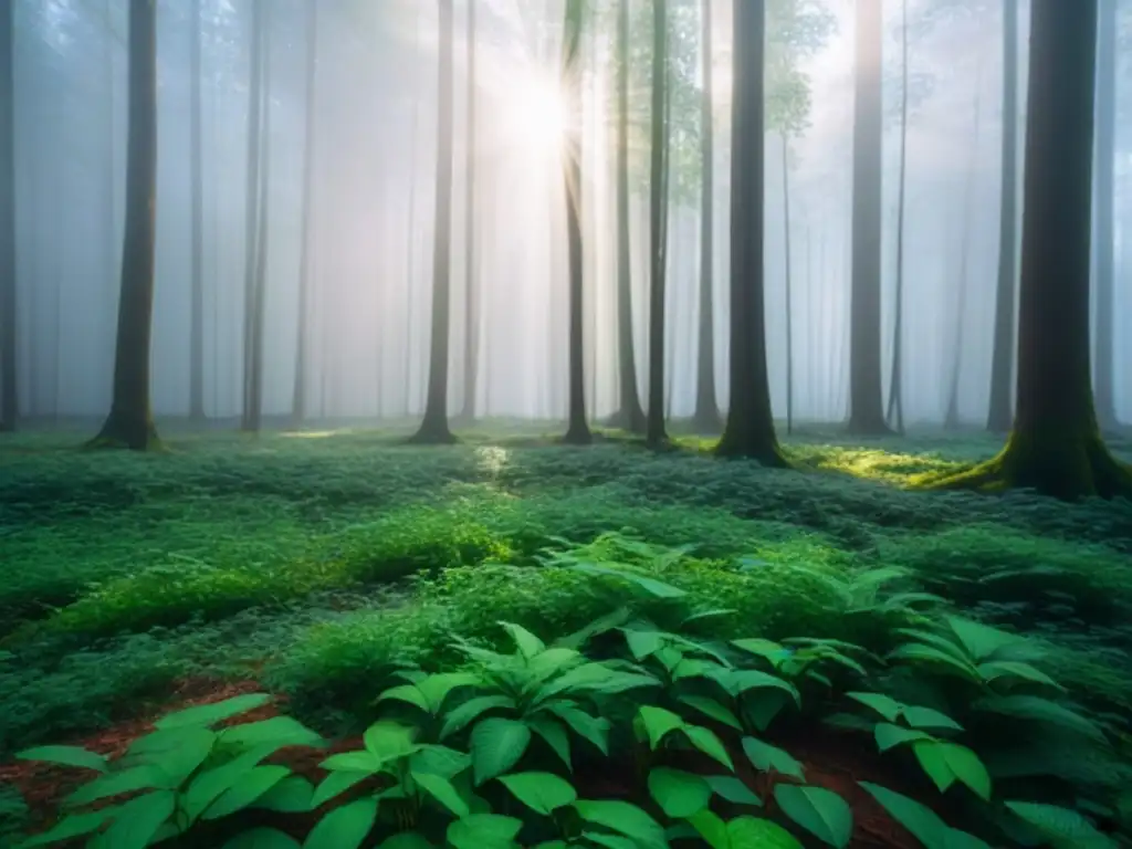 Un bosque verde exuberante iluminado por el sol, proyectando sombras detalladas en el suelo