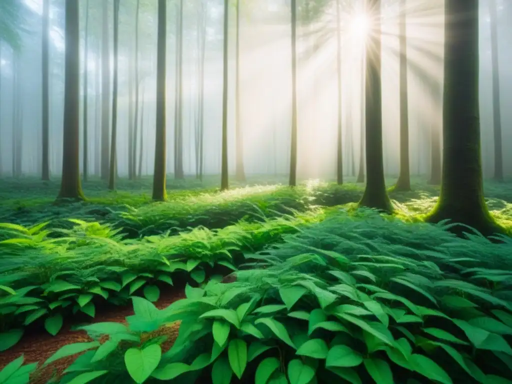 Un bosque verde exuberante iluminado por el sol, creando una atmósfera serena y pacífica