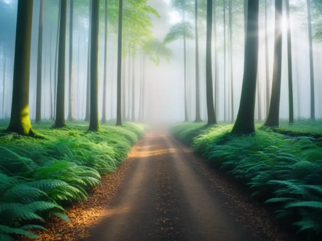 Un bosque verde exuberante iluminado por el sol, proyectando sombras en el suelo