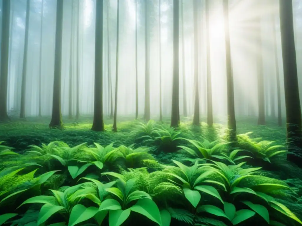 Bosque verde exuberante iluminado por el sol, evocando la armonía de los Fondos de inversión sostenibles