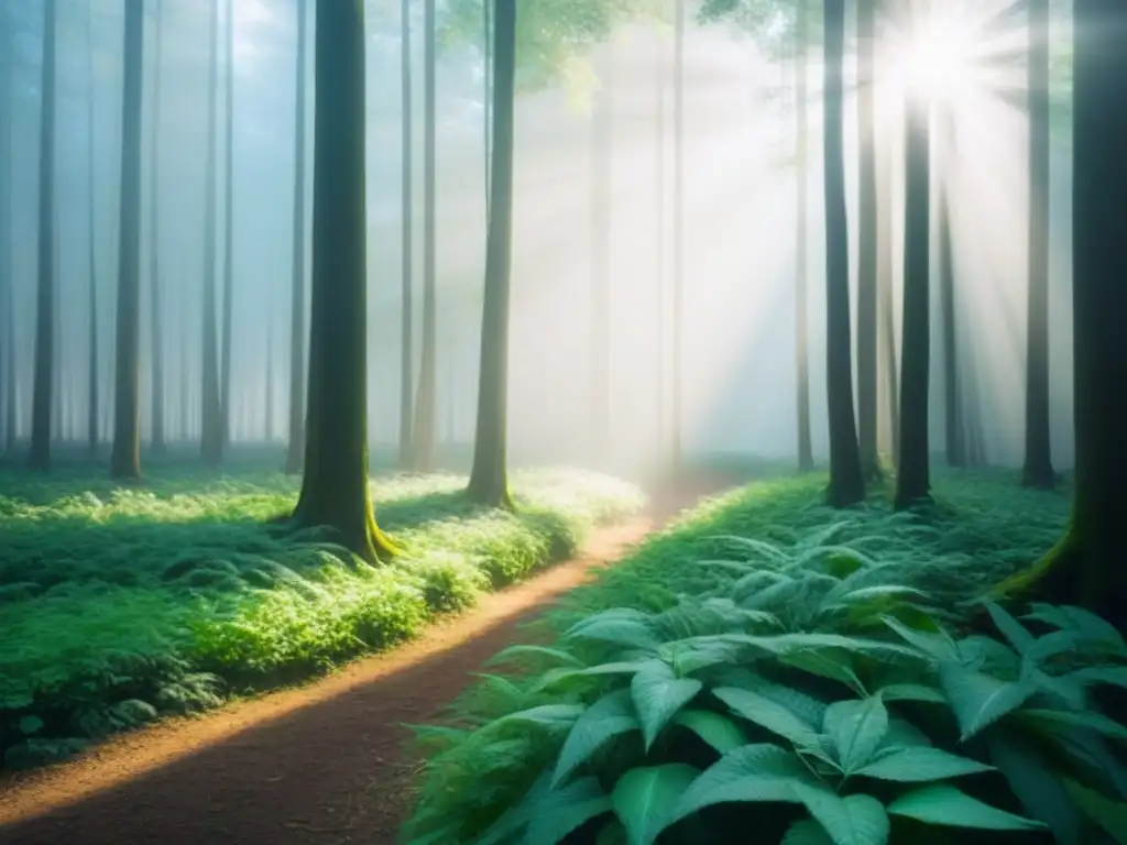 Un bosque verde exuberante iluminado por rayos de sol, reflejando la esencia de los Fondos de inversión sostenibles