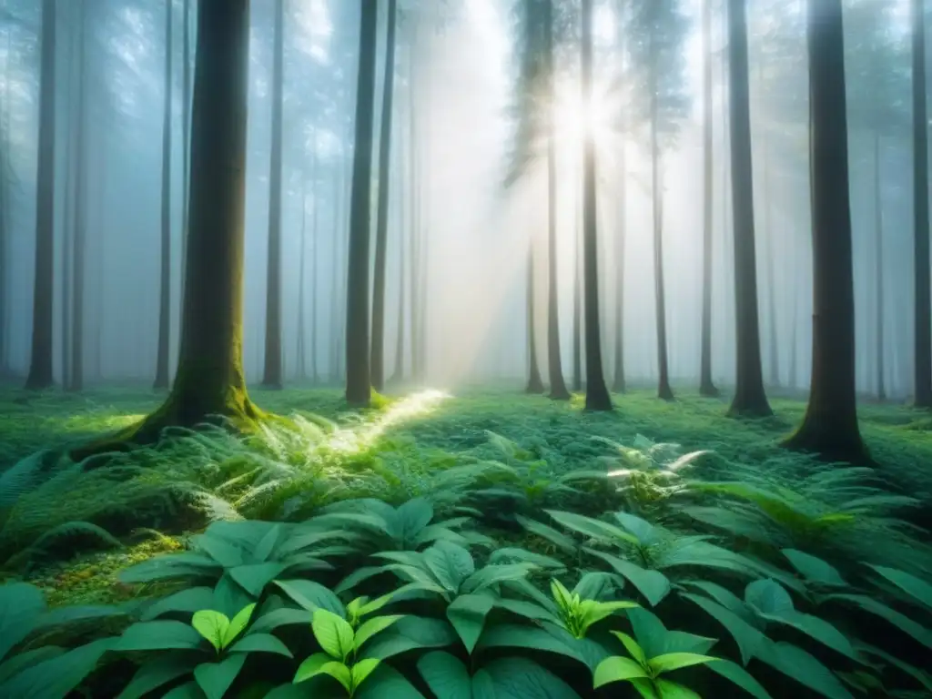 Un bosque verde exuberante iluminado por el sol, transmitiendo armonía y tranquilidad