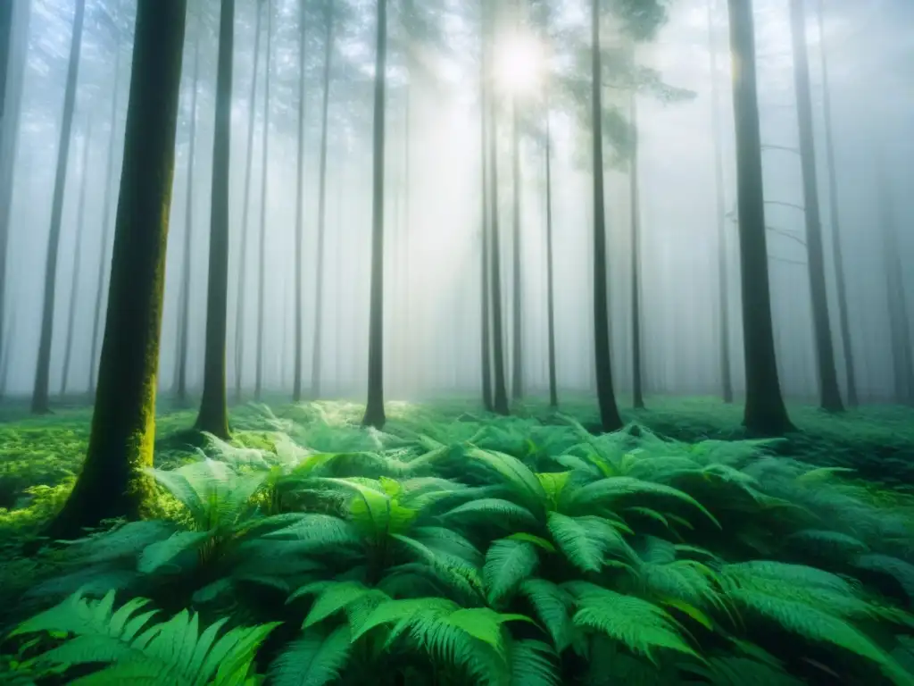 Un bosque verde exuberante iluminado por el sol, reflejando la serenidad y abundancia de invertir en bonos verdes para principiantes